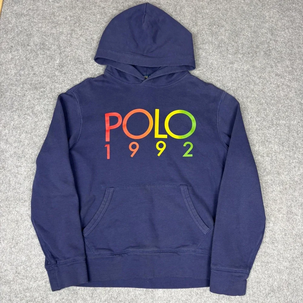 Polo Ralph Lauren Mens Hoodie Navy Blue Rainbow 1992 Graphic Sweatshirt Small